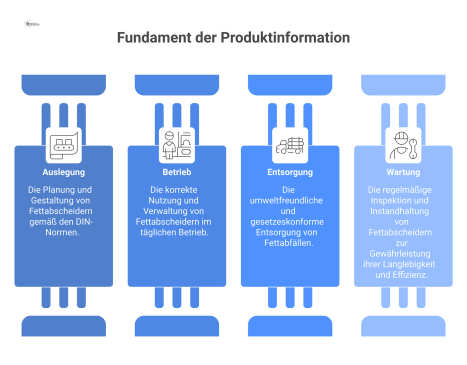 Diagramm der Produktinformation für Fettabscheider mit den vier Pfeilern Auslegung, Betrieb, Entsorgung und Wartung auf dem Fundament von DIN-Normen.