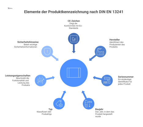 Infografik eines metallischen Typenschilds an einem Schiebetor mit Feldern für CE-Zeichen, Hersteller, Seriennummer, Baujahr und Sicherheitshinweise.