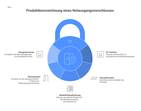 Infografik, die die Produktkennzeichnung eines Notausgangsverschlusses mit CE-Zeichen, Hersteller, Norm DIN EN 179 und Chargennummer zeigt. 