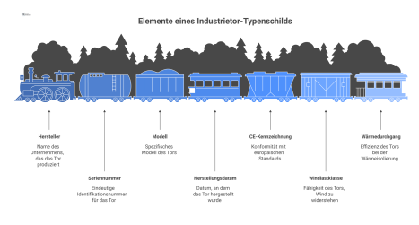 Infografik eines Typenschilds für Industrietore nach Norm EN 13241, die Felder wie Hersteller, Seriennummer und CE-Kennzeichnung beschriftet.