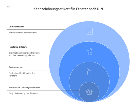 Infografik eines Kennzeichnungsetiketts für Fenster mit CE-Zeichen, Hersteller, Seriennummer und Piktogrammen für U-Wert, Rw-Wert, und Dichtheit.