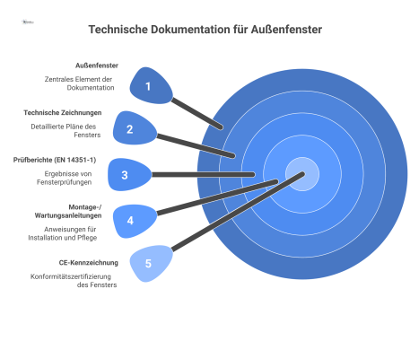  Infografik zur technischen Dokumentation von Fenstern, mit einem zentralen Icon und Zweigen zu Zeichnungen, Prüfberichten, Anleitungen und CE-Kennzeichnung.