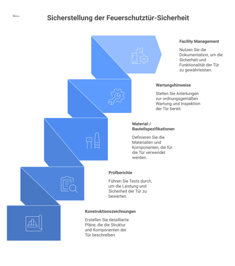 Diagramm der technischen Dokumentation für eine Feuerschutztür als Grundlage für das Facility Management mit Wartung, Inspektion und Reparatur.