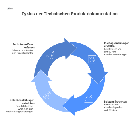 Infografik zur technischen Produktdokumentation mit den vier Bereichen technische Daten, Montage, Leistung und Betrieb, die als Knoten dargestellt sind. 
