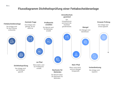 Flussdiagramm zum Prozess der Dichtheitsprüfung einer Fettabscheideranlage, das die Verzweigungen bei positivem und negativem Ergebnis bis zum Prüfbericht oder zur Reparatur darstellt.