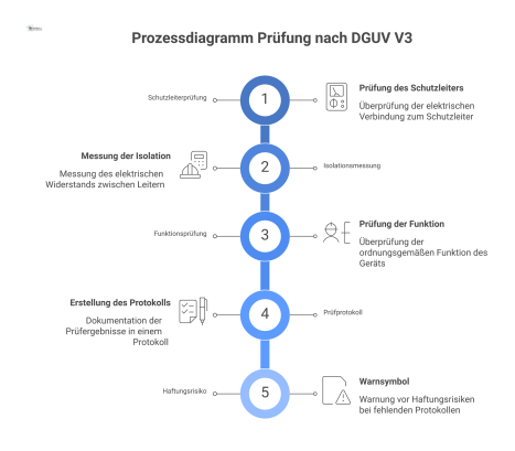 Prozessdiagramm zur Prüfung elektrischer Betriebsmittel nach DGUV V3, das die drei Schritte Schutzleiterprüfung, Isolationsmessung und Funktionsprüfung bis zum Prüfprotokoll zeigt.