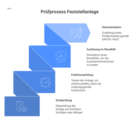 Infografik zum Prüfprozess einer Feststellanlage, der die Schritte Sichtprüfung, Funktionsprüfung, Auslösung und Prüfprotokoll nach DIN-Norm zeigt.