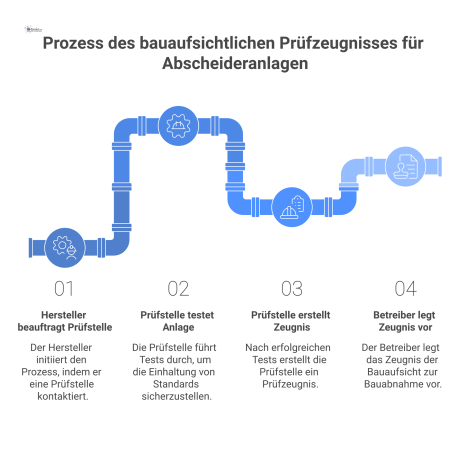 Ein Flussdiagramm zeigt den Prozess des bauaufsichtlichen Prüfzeugnisses für Abscheideranlagen, von der Beauftragung durch den Hersteller bis zur Bauabnahme.