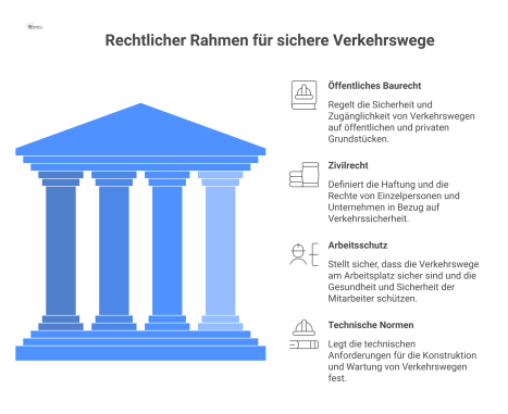Säulendiagramm zum rechtlichen Rahmen für Verkehrswege mit vier Säulen: Baurecht, Zivilrecht, Arbeitsschutz, Normen, auf einem Fundament der Betreiberverantwortung.