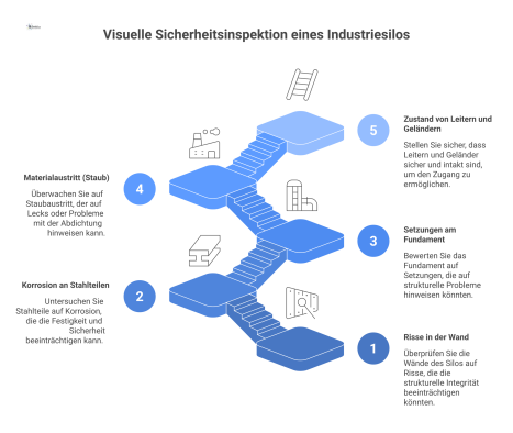 Infografik eines Industriesilos mit beschrifteten Prüfbereichen wie Rissen, Korrosion und Setzungen, der von einer Person inspiziert wird.