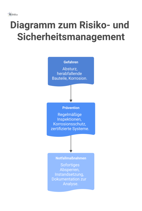 Diagramm mit drei Spalten zum Risiko- und Sicherheitsmanagement, das Gefahren, Prävention und Notfallmaßnahmen mit logischen Verbindungen darstellt.