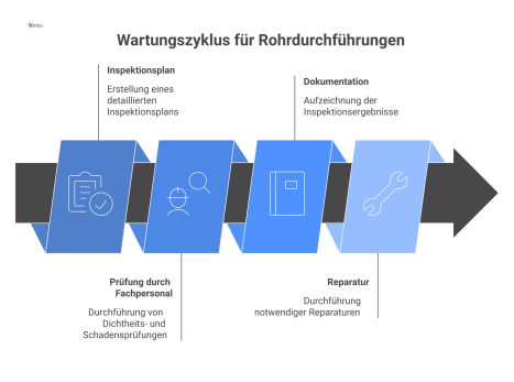 Technisches Flussdiagramm des Wartungszyklus für Rohrdurchführungen als Kreislauf mit den vier Schritten: Inspektionsplan, Prüfung, Dokumentation und Reparatur.