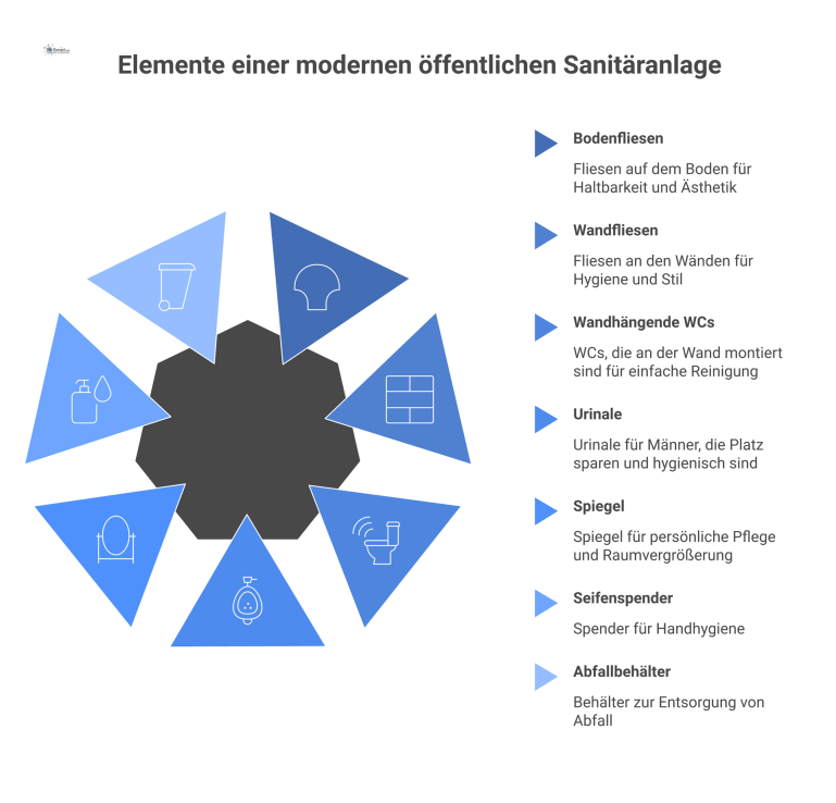 Diagramm einer modernen öffentlichen Sanitäranlage Diagramm einer hellen, sauberen öffentlichen Sanitäranlage mit wandhängenden WCs, Urinalen, Spiegeln und Seifenspendern in funktionalem Design.