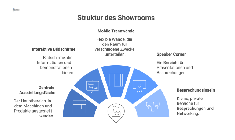 Grundriss eines offenen Showrooms mit fünf Themenbereichen um eine zentrale Ausstellungsfläche, mit interaktiven Bildschirmen, Maschinen und einer Speaker Corner. 