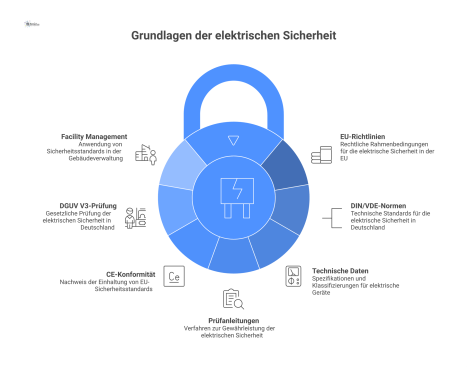 Infografik zum Nachweis elektrischer Sicherheit für Betriebsmittel, mit Verzweigungen zu EU-Richtlinien, technischen Daten und Anwendungsbereichen wie der DGUV V3-Prüfung.
