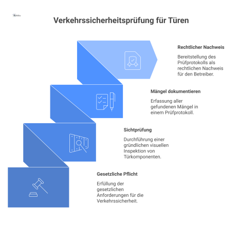 Prozessdiagramm zur jährlichen Verkehrssicherheitsprüfung von Türen durch einen Sachkundigen, von der Sichtprüfung bis zur Erstellung des rechtssicheren Prüfprotokolls.
