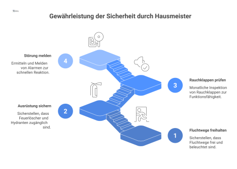 Flussdiagramm der Sicherheitsaufgaben eines Hausmeisters, das die Freihaltung von Fluchtwegen, die Prüfung von Ausrüstung und das Verhalten bei Störungen zeigt.