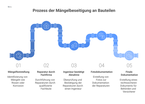Flussdiagramm, das den Prozess der Mängelbeseitigung von der Feststellung, Reparatur und Abnahme durch einen Ingenieur bis zum rechtssicheren Nachweis zeigt. 
