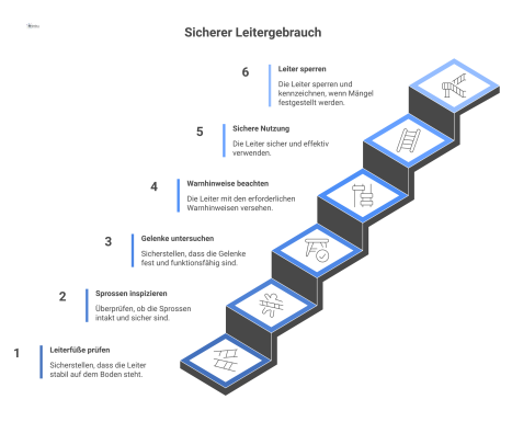 Flussdiagramm zum Sicherheitscheck einer Leiter mit vier Prüfpunkten. Jeder Mangel führt zur Sperrung, bei 'OK' zur sicheren Nutzung.