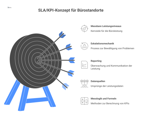 Konzeptdiagramm eines SLA/KPI-Konzepts für einen Bürostandort, das Leistungsniveaus, eine P1-P4-Eskalationsmechanik sowie das Reporting und die Messlogik darstellt. 