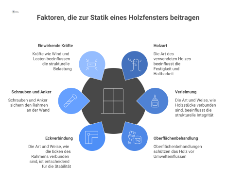 Technische Infografik zur Statik eines Holzfensters mit Schnittzeichnung des Rahmens, Eckverbindung und Darstellung der einwirkenden Kräfte. 