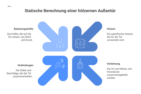 Technische Infografik einer Holztür als Explosionszeichnung, die statische Berechnungen, Materialien, Verbindungen und Belastungskräfte im Blaupausen-Stil darstellt. 