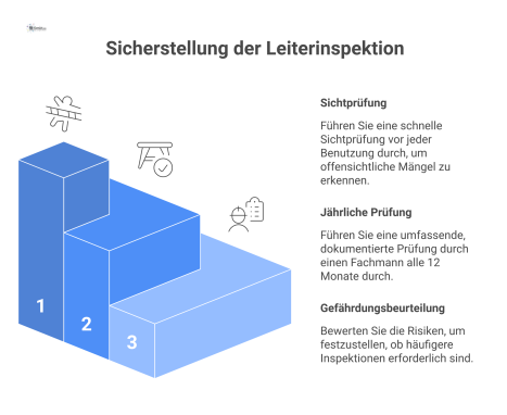 Zeitachse der Prüfpflichten für Steigschutz an Leitern: Sichtprüfung vor jeder Benutzung, jährliche Fachkundigenprüfung und Hinweis zur Intervallverkürzung. 