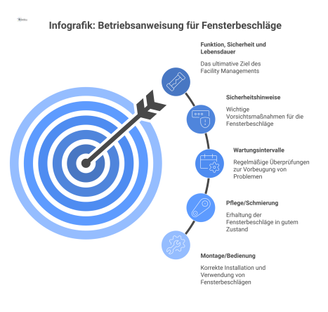  Infografik einer Betriebsanweisung für Fensterbeschläge mit vier Bereichen: Montage, Pflege, Wartungsintervalle und Sicherheitshinweise für das Facility Management. 