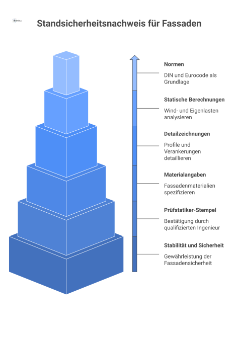  Infografik zum Standsicherheitsnachweis für Fassaden. Sie zeigt ein zentrales Dokument umgeben von statischen Berechnungen, Detailzeichnungen, Materialangaben und Prüfstatiker-Stempel. 