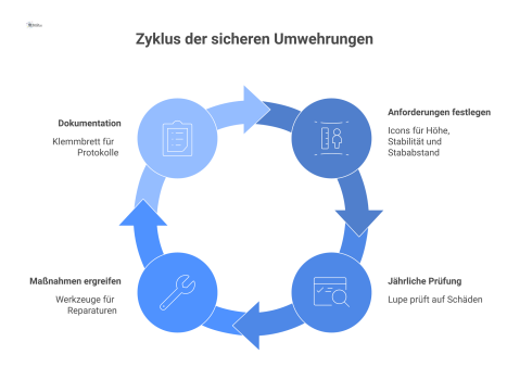Ein Infografik-Flussdiagramm, das den Prozess für sichere Umwehrungen in vier Schritten darstellt: Anforderungen, jährliche Prüfung, Maßnahmen und Dokumentation.