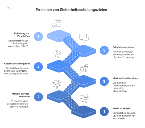 Infografik, die Sicherheitsregeln für Leitern wie 75°-Winkel und maximale Last zeigt. Sie visualisiert auch Schulungsmethoden und DGUV-Konformität.