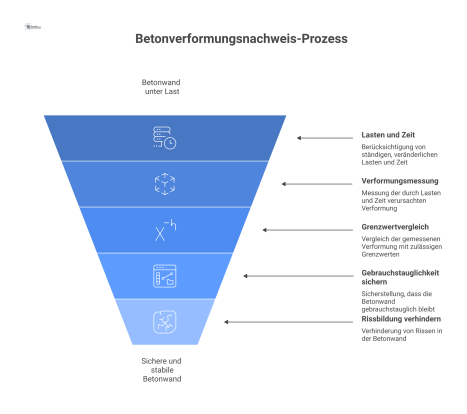 Infografik einer Betonwand, die sich unter Lasten und Zeiteinflüssen verformt. Ein Prüfprozess vergleicht die Durchbiegung mit Grenzwerten.