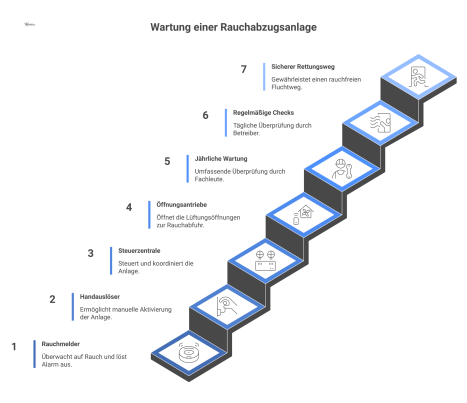 Systemdiagramm zur Wartung einer Rauchabzugsanlage mit den Komponenten Rauchmelder, Handauslöser, Steuerzentrale und den notwendigen Wartungsintervallen. 