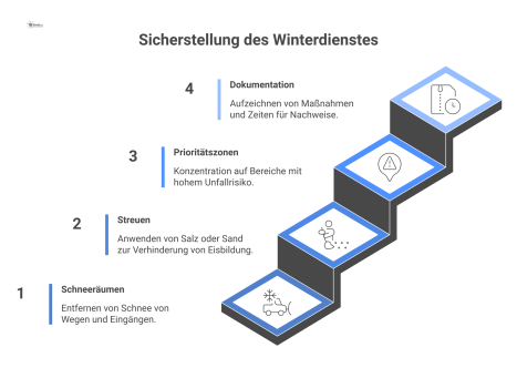 Infografik über die Pflichten beim Winterdienst, die Schneeräumen, Streuen bei Eis, Prioritätszonen und die abschließende Dokumentation zeigt.